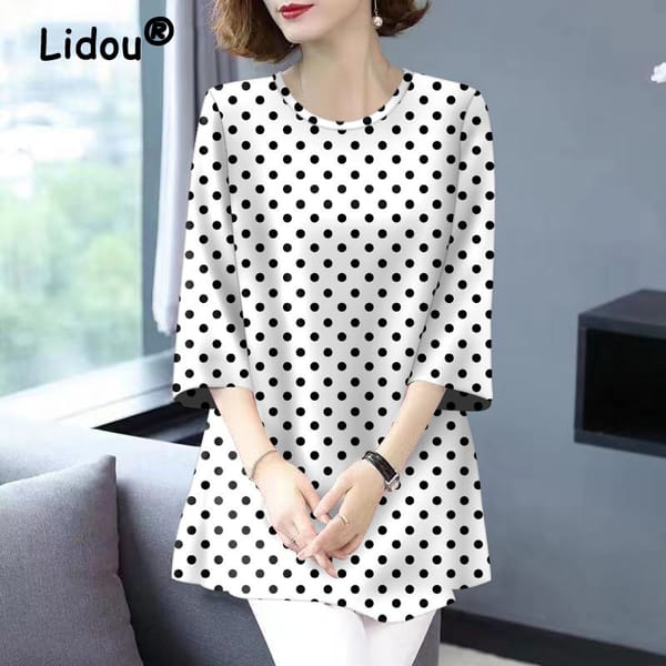 Women's Clothing Korean Fashion Polka Dots Print 3/4 Sleeve Ice Silk T-shirts 2024 Summer Ladies Elegant O Neck Loose Tunic Tops