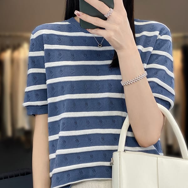 Summer new 100% cotton T-shirt women's O-neck pullover vest knitted hollow short sleeve casual loose striped fashion top