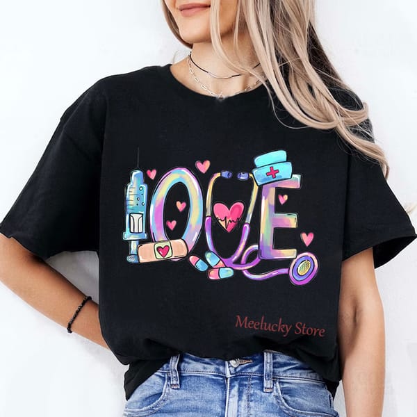 LOVE Nurse Fun Letter Print Pattern 2024 Summer New Women's Casual Pure Cotton T-shirt