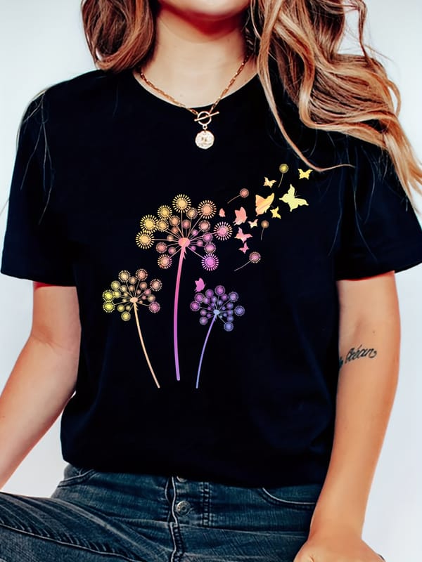 Gradient Color Dandelion Butterfly Graphic Crew Neck Sports T-shirt, Casual Loose Short Sleeves Tops, Women's Activewear
