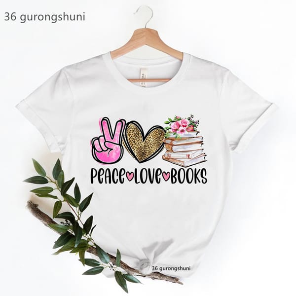 Peace Love Books Graphic Print Tshirts Women'S Clothing Leopard Flowers T Shirt Female Summer Fashion Tops Tee Shirt Femme