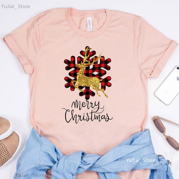 Tee Shirt Femme Funny Christmas Tree Tshirt, Deer Print Christmas Tshirt 2024 Happy New Year Clothing Fashion Women'S T-Shirt