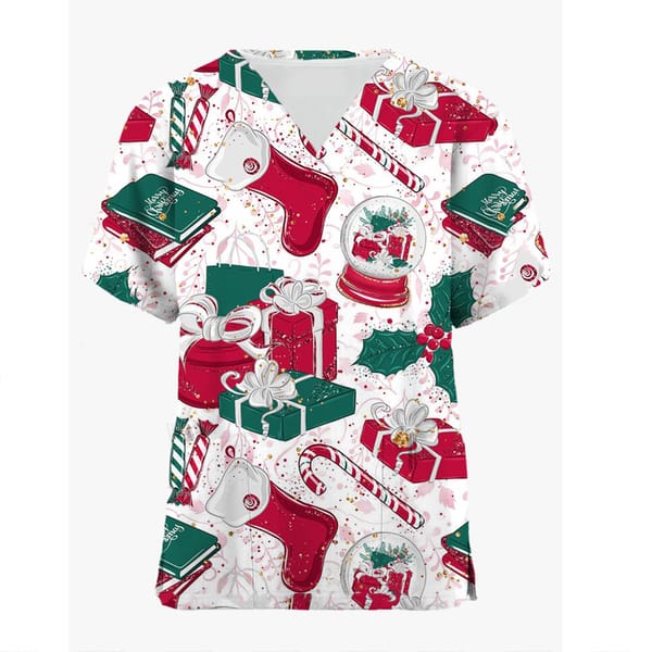 2023 Nurse Scrub Working Uniform Tops For Women's V-Neck Christmas Print Short Sleeve Fun T-Shirts Workwear Tee With Pockets