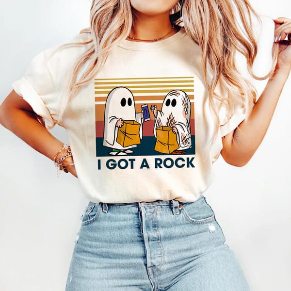 I Got A Rock Cute Couple Ghost Fun Halloween T-Shirt Women's Fashion Short Sleeved T-Shirt Printed Casual O-Neck Style T-Shirt