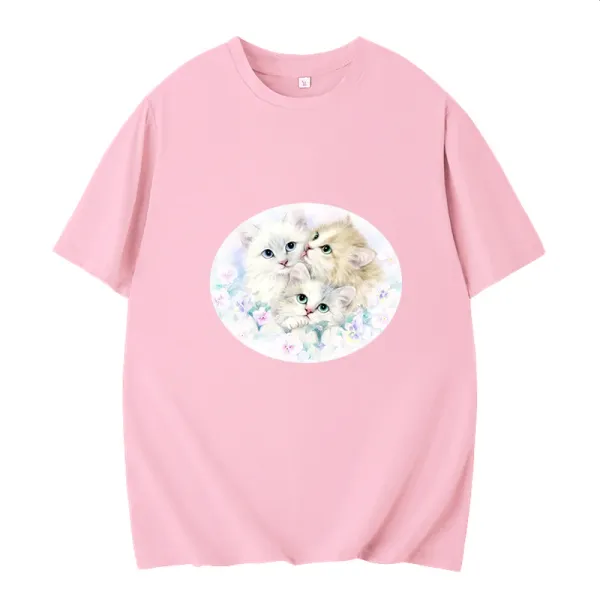 Cute Kitten Pattern Short-Sleeved Shirt Funny Cat T-Shirt Pet-Specific Casual Tops Anime Women's Clothing Kawaii Clothes