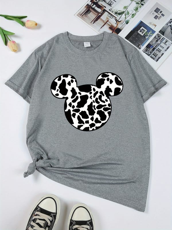 Women's Casual Sports T-shirt , Plus Size Spotted Mouse Print Stretchy Round Neck Breathable Fabric Short Sleeve Fitness Tee Top