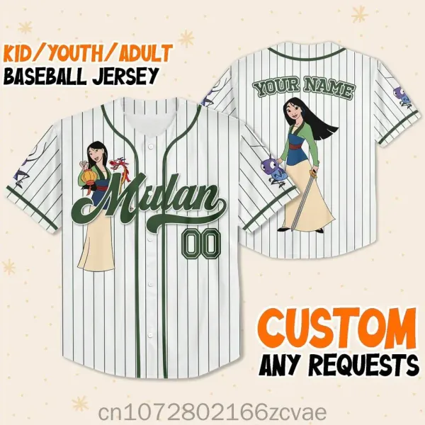 New Disney Mulan Princess Baseball Jersey Outdoor Sports Style Casual Jersey Men's and Women's Custom Name T-shirt