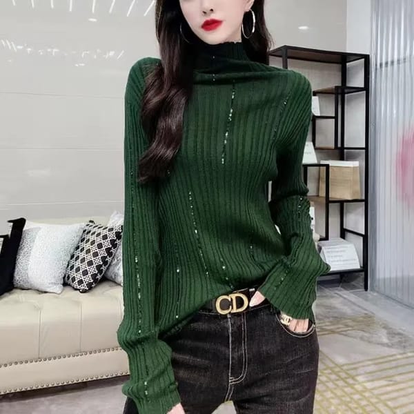 Simplicity Office Lady Autumn/Winter Women's Turtleneck Solid Bright Silk Screw Fashion Long Sleeve Bottoming Shirt Knitted Tops