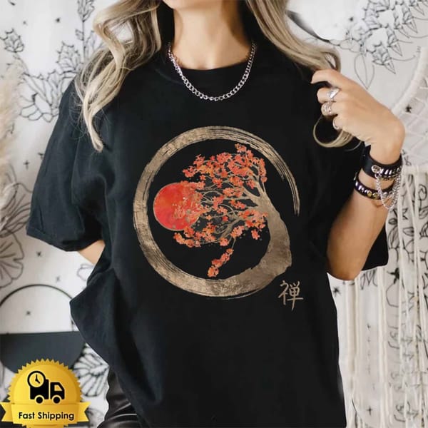 Trendy Print Enso Zen Circle and Sakura Tree T-Shirt Printed O-Neck Women's 90s Fashion Style Printed Short Sleeved Top T-Shirt