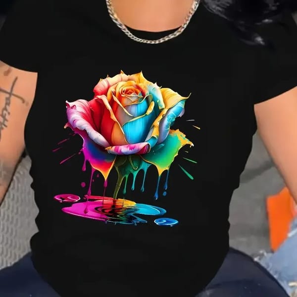 Sport T-Shirt Women's Clothing Simple Street Clothing Colorful Rose Print Round Neck T-Shirt Fashion Casual Stretch Short Sleeve