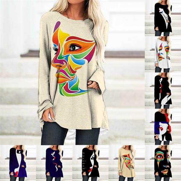 Women's T Shirt Tee Abstract Spliced Cartoon Painting  Graphic Patterned Print Streetwear Long Sleeve Round Neck Basic XS-8XL