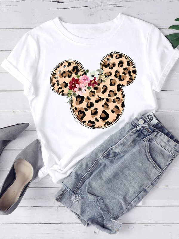 Flower Leopard Mouse Girls T-shirt Cartoon Casual T Shirts Female Clothes Women's Clothing Summer Fashion Short Sleeves Tops
