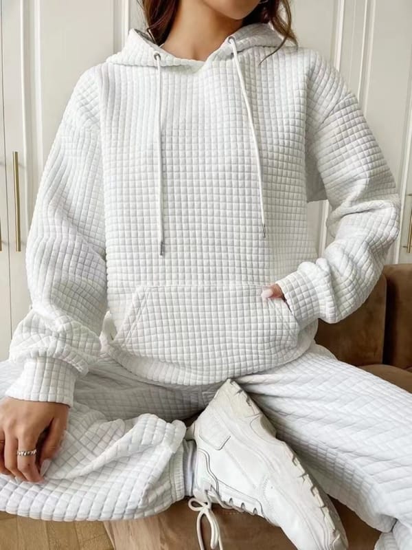New Autumn and Winter Long Sleeved Patchwork Waffle Hoodie, Women's Solid Color Versatile Loose Fitting Pullover Hooded Style
