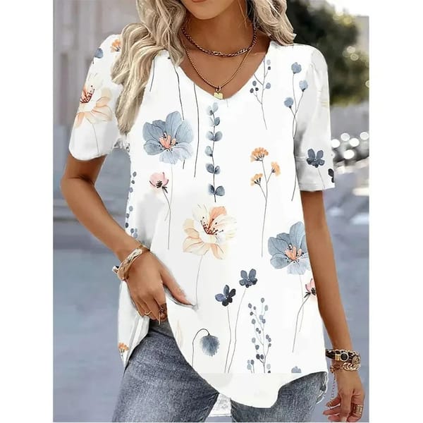Fashion Women's Shirt T-shirt Women's 3d Floral Print White Kawaii V-neck T-shirt Women's oversized summer Top T-shirt