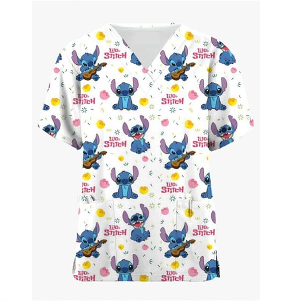 Nurse Uniform Women's Solid Color Disney Stitch Printed Top Uniform Short Sleeve Pocket Medical Female Nurse Uniform