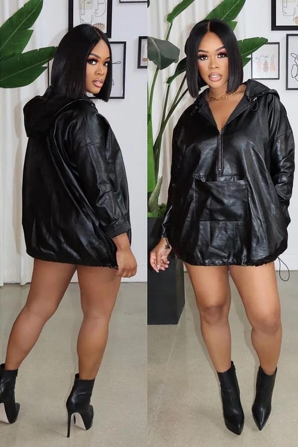 OL6136 European and American Source Autumn and Winter PU Women's Drawstring Hooded Leather Top