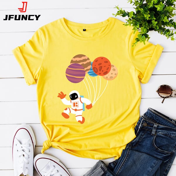 JFUNCY 2024 Spring Summer Tee Tops Women's Cotton T-shirt Cartoon Astronaut Balloons Print Shirts Casual Woman Tshirts