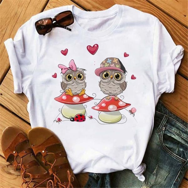 Cute Cartoon Animal Owl Print T-shirt Short Sleeve Women's Dress Aesthetic Clothes  Tops  Oversized T Shirt  Harajuku