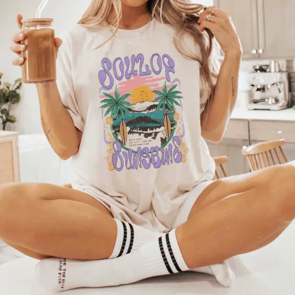 Surfboard Surfing Beach T-Shirt Trendy and Fashionable Cartoon Print Pattern New Summer Top Women's O-Neck T-Shirt Cute T-Shirt