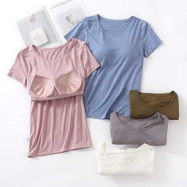 Women's Modal Built in Padded Bra T-shirt Short Sleeve Breathable Female Casual Bottoming T Shirt Tops