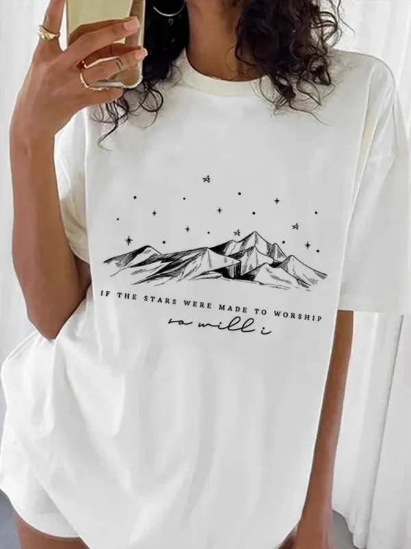 If The Stars Were Made To Worship So Will I Printed Fashion Pattern Retro Women's Summer Short Sleeved O-Neck Printed T-Shirt