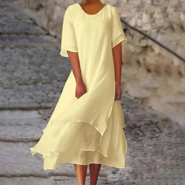 Women Midi Dress Round Neck Short Sleeve Multi-Layered Slit Hem Solid Color Dress Loose Fit Casual Dress Women's Robe 루즈핏 원피스