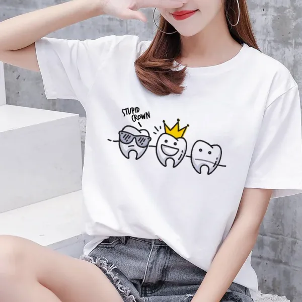 Aesthetic Funny Teeth Dentist Print Women's T-shirt 90s Harajuku Kawaii O-Neck T-shirt Pattern Fashion Casual T-shirt Top Women