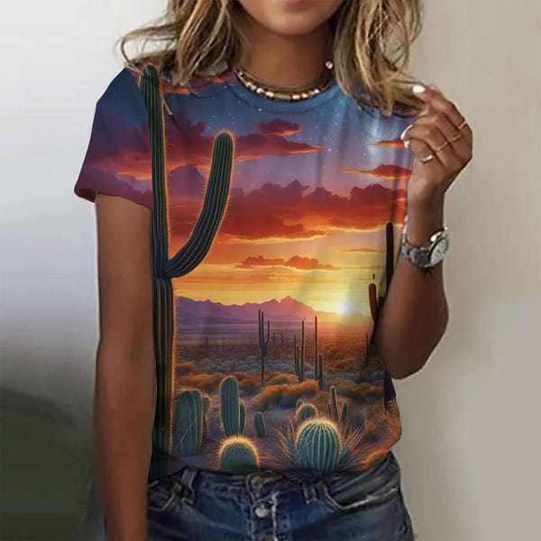 2024 Summer New Women's T-shirts Desert Cactus Natural Scenery Pattern Print Short Sleeves T shirt Loose Women Clothing Tops