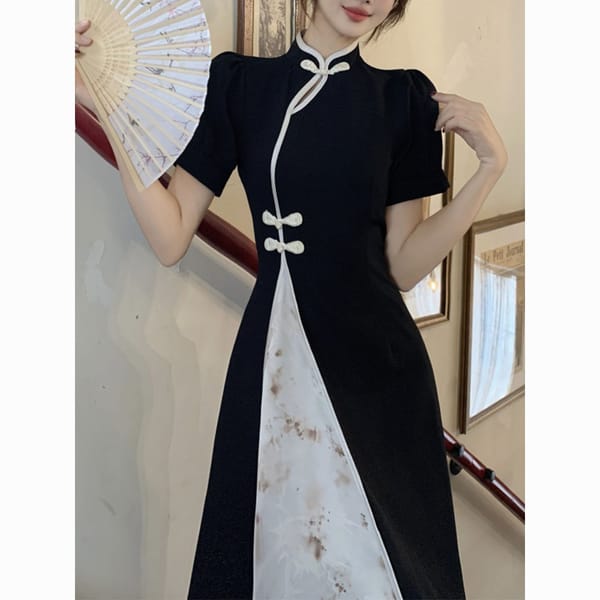 Chinese Style Slim Fit Round Neck Short Sleeved Button Up Women's Dress Summer New Commuting Slim Fit Casual Women's Dress L509